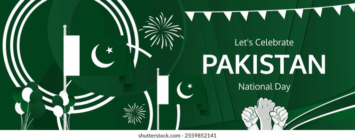 Pakistan Independence Day greeting banner concept. August 14th is celebrated as Pakistani National Day. Template illustration with flag and raised fist, great for national holiday poster.