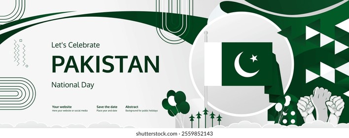 Pakistan Independence Day greeting banner concept. August 14th is celebrated as Pakistani National Day. Template illustration with flag and raised fist, great for national holiday poster.