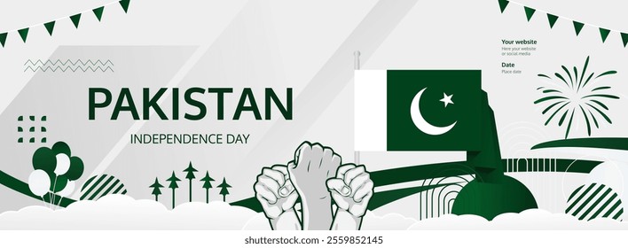 Pakistan Independence Day greeting banner concept. August 14th is celebrated as Pakistani National Day. Template illustration with flag and raised fist, great for national holiday poster.