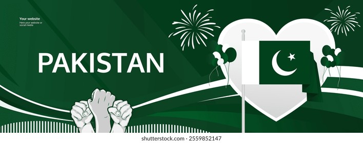 Pakistan Independence Day greeting banner concept. August 14th is celebrated as Pakistani National Day. Template illustration with flag and raised fist, great for national holiday poster.