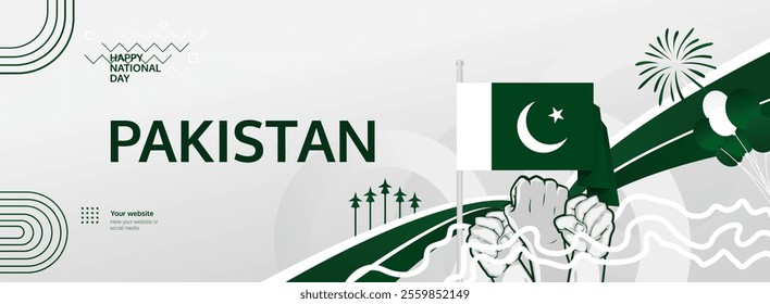 Pakistan Independence Day greeting banner concept. August 14th is celebrated as Pakistani National Day. Template illustration with flag and raised fist, great for national holiday poster.