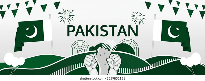 Pakistan Independence Day greeting banner concept. August 14th is celebrated as Pakistani National Day. Template illustration with flag and raised fist, great for national holiday poster.