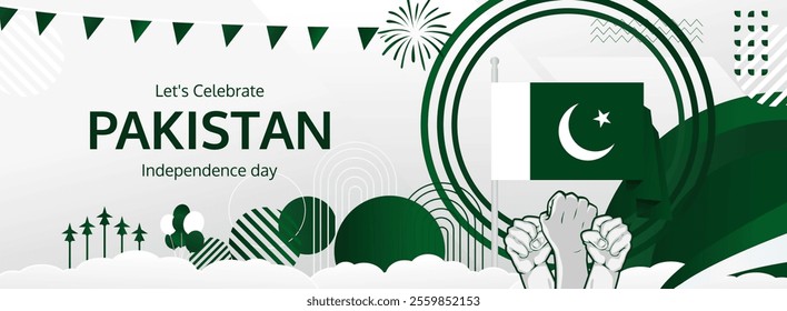 Pakistan Independence Day greeting banner concept. August 14th is celebrated as Pakistani National Day. Template illustration with flag and raised fist, great for national holiday poster.