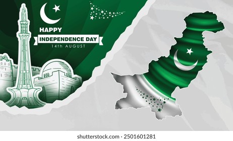 Pakistan Independence Day with Paper Cut Pakistan Landmark and Map Background