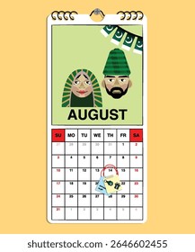 Pakistan Independence Day reminder on August 14th in a wall calendar with illustrative people wearing the nation's traditional attire.