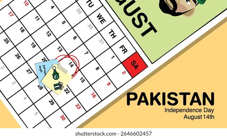 Pakistan Independence Day reminder on August 14th in a wall calendar with illustrative people wearing the nation's traditional attire.