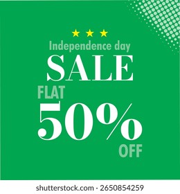 Banner cartaz de venda do Dia da Independência do Paquistão e venda de negócio de mídia social até 50% de desconto. 14 agosto cartaz de venda e brochura com fundo verde. eps vetor. 
