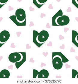 Pakistan independence day seamless pattern. Patriotic country flag background. Pakistan flag in the shape of heart. Vector seamless pattern.