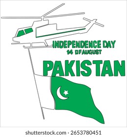 Pakistan Independence Day simple web banner background with flag and hand. One continuous line drawing with lettering Pakistan