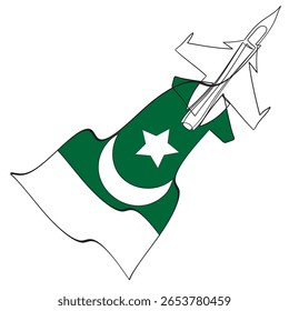 Pakistan Independence Day simple web banner background with flag and hand. One continuous line drawing with lettering Pakistan