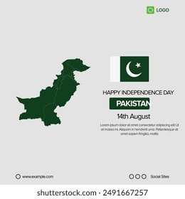 Pakistan Independence Day Social Media Banner, Editable Vector Design with Map and Flag