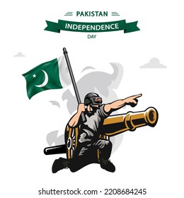 Pakistan Independence Day vector. Flat Design Patriotic soldier carrying Pakistan Flag.
