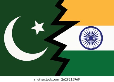Pakistan and India flags. Pakistan and India war , India and Pakistan conflict. India Pakistan flags divided by a jagged line