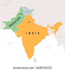 Pakistan and India Map, with Kashmir Area - Vector Illustration