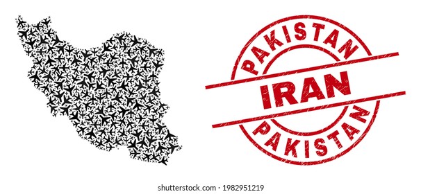 Pakistan Iran textured seal, and Iran map mosaic of jet vehicle elements. Mosaic Iran map constructed of jet vehicles. Red watermark with Pakistan Iran text, and corroded rubber texture.