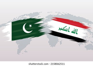 Pakistan and Iraq flags. Pakistani and Iraqi flags, isolated on grey world map background. Vector illustration.