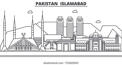 Dibujo de líneas de la arquitectura de Pakistán e Islamabad. Paisaje de ciudad vectorial lineal con puntos de referencia famosos, vistas de la ciudad, iconos de diseño. Paisaje con trazos editables