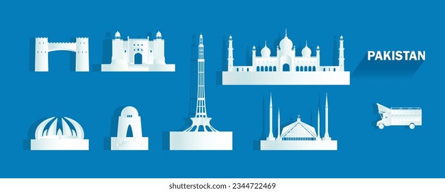Pakistan isolated architecture icon set and symbol with tour asia landmark for brochure, Travel landmarks Pakistan with isolated silhouette architecture on blue background, advertisement, template.