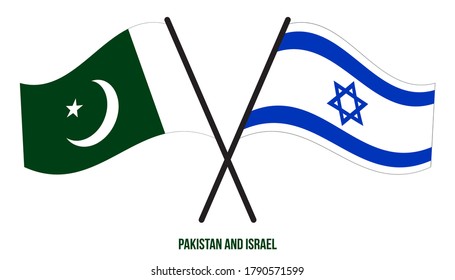 Pakistan and Israel Flags Crossed And Waving Flat Style. Official Proportion. Correct Colors.