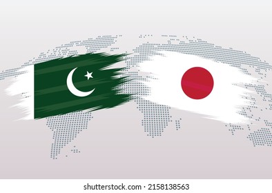 Pakistan and Japan flags. Pakistani and Japanese flags, isolated on grey world map background. Vector illustration.