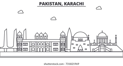 Pakistan, Karachi architecture line skyline illustration. Linear vector cityscape with famous landmarks, city sights, design icons. Landscape wtih editable strokes