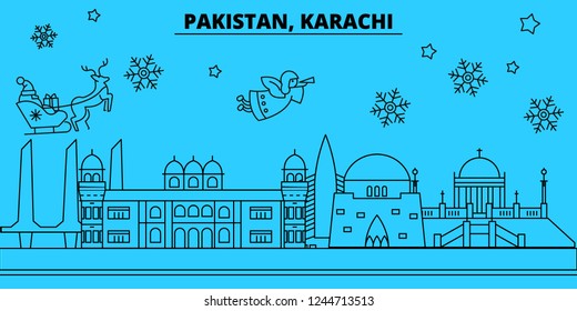 Pakistan, Karachi winter holidays skyline. Merry Christmas, Happy New Year decorated banner with Santa Claus.Pakistan, Karachi linear christmas city vector flat illustration