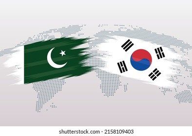Pakistan and Korea flags. Pakistani and Korean flags, isolated on grey world map background. Vector illustration.