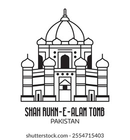 Pakistan landmark icon inspired by Shah Rukn-e-Alam tomb in Punjab. Asian mausoleum building in line art.