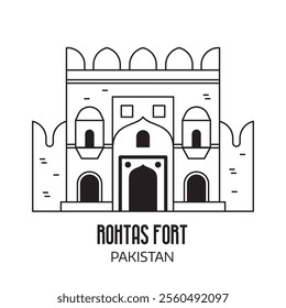 Pakistan landmark icon inspired by Rohtas fort citadel in Punjab. Asian citadel entrance in line art.