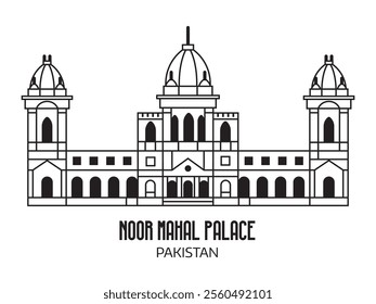 Pakistan landmark icon inspired by Noor Mahal palace in Punjab. Historical manor building in colonial style.