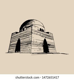 Pakistan landmarks Mazar-e-Quaid vector pen and ink sketch