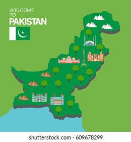 Pakistan landmarks and travel map 
vector illustration