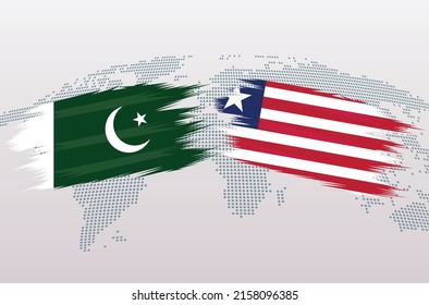 Pakistan and Liberia flags. Pakistani and Liberian flags, isolated on grey world map background. Vector illustration.