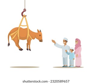 Pakistan Lift Cattle Throught Crane Tradition On Eid Al Adha Celebration Cartoon Illustration Vector