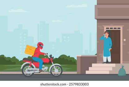 Pakistan Man delivering fast food on moterbike with parcel box on the back, delivering food In city. vector illustration