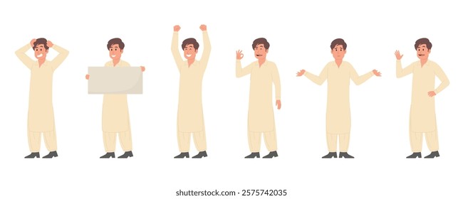 pakistan Man Wearing Shalwar and kameez, Character animation poses vector illustration