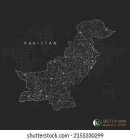 Pakistan map abstract geometric mesh polygonal light concept with black and white glowing contour lines countries and dots on dark background. Vector illustration
