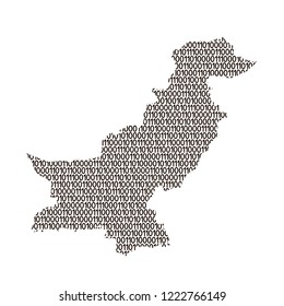 Pakistan map abstract schematic from black ones and zeros binary digital code. Vector illustration.
