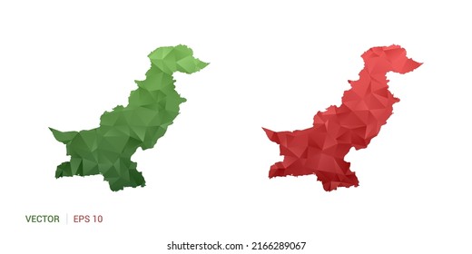 Pakistan map of abstract vector polygon set couple color green and red.