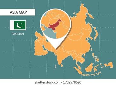 Pakistan Karte in Asien Zoom-Version, Symbole zeigen Pakistan Standort und Flaggen.