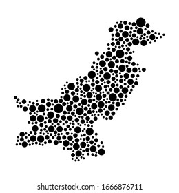Paquistán mapea desde círculos negros de diferentes diámetros o puntos, manchas, forma geométrica conceptual abstracta. Ilustración vectorial.