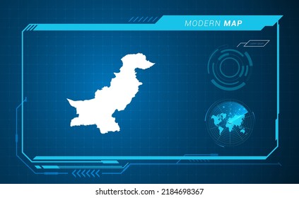 Pakistan map of blue digital frame HUD, GUI, UI interface technology radar vector.