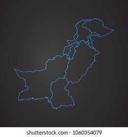 Pakistan map: blue glitter outline with sparkling stars on dark background. Detailed map of Pakistan. Vector illustration.