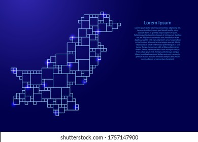 Pakistán mapea desde un patrón azul a partir de una cuadrícula de cuadrados de diferentes tamaños y brillantes estrellas espaciales. Ilustración vectorial.
