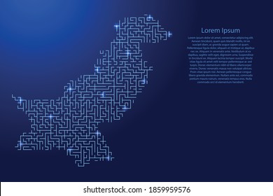 Pakistan map from blue pattern of the maze grid and glowing space stars grid. Vector illustration.