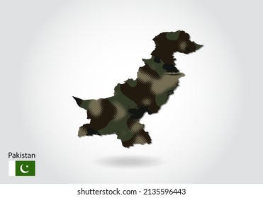 Pakistan map with camouflage pattern, Forest - green texture in map. Military concept for army, soldier and war. coat of arms, flag.