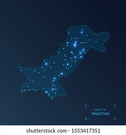 Pakistan map with cities. Luminous dots - neon lights on dark background. Vector illustration. 