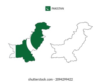 Pakistan map city vector divided by outline simplicity style. Have 2 versions, black thin line version and color of country flag version. Both map were on the white background.