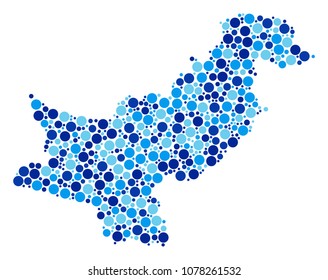 Pakistan Map collage of small circles in various sizes and blue shades. Scattered filled circles are composed into Pakistan Map composition. Vector cartography blue map vector illustration.