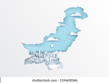 Pakistan map concept with famous landmark in paper cut style vector illustration.